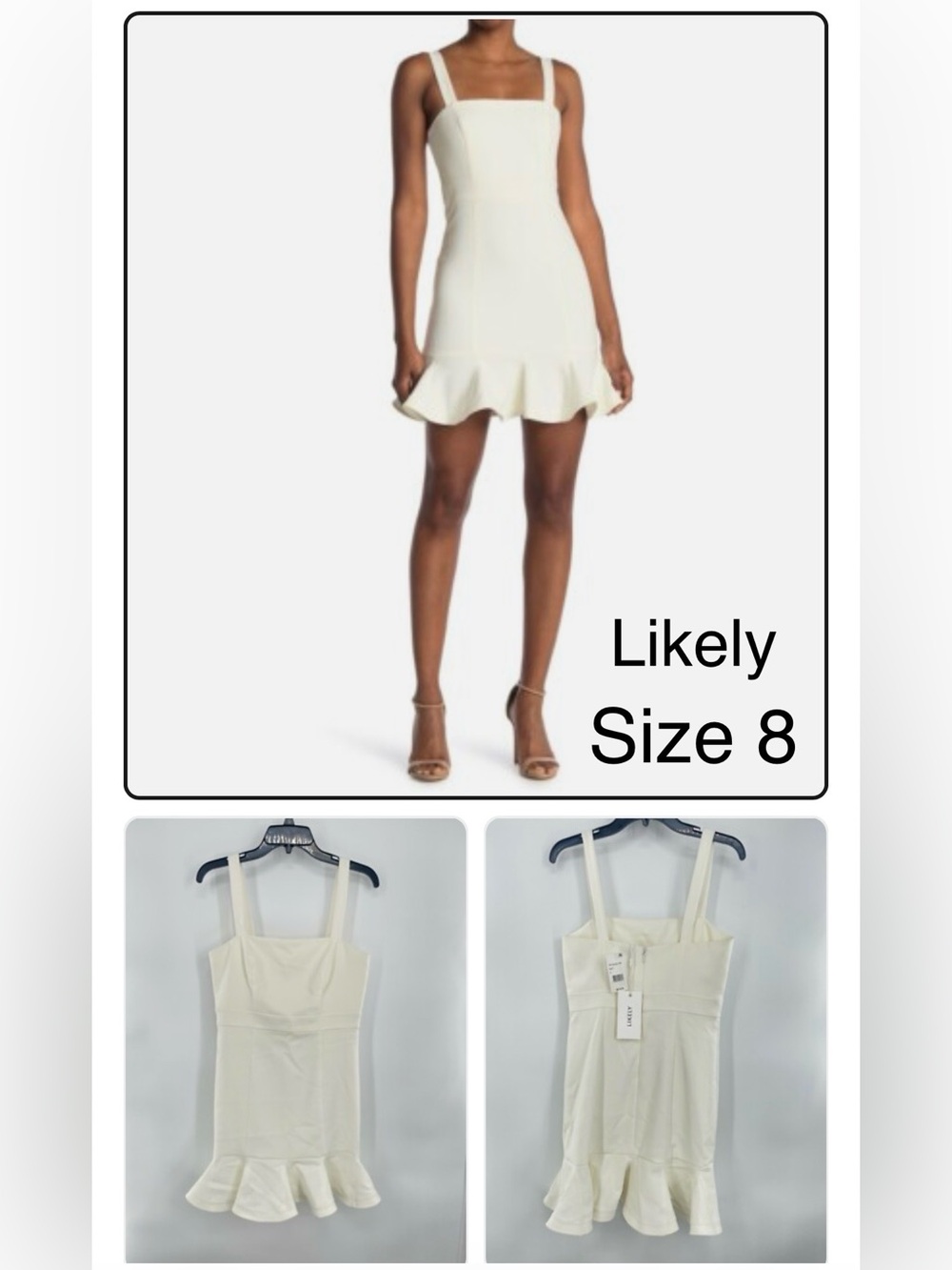 Likely NWT Lilah Sleeveless Ruffle Hem Square Neck Mini Dress Zip Up White 8 New